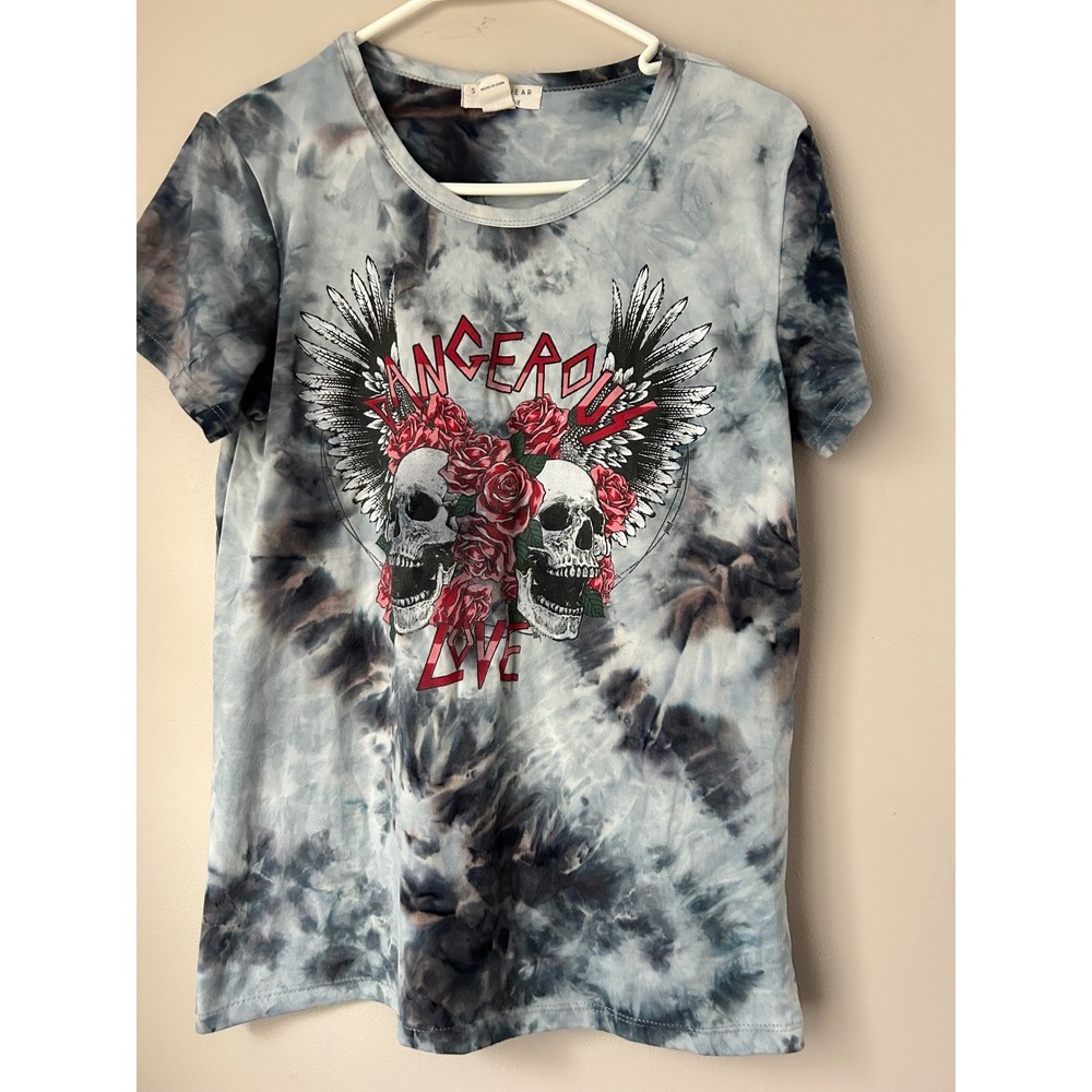 Womens Tie Dye Skull Roses Graphic T Shirt Short Sleeve Grunge Festival ‎ Rock